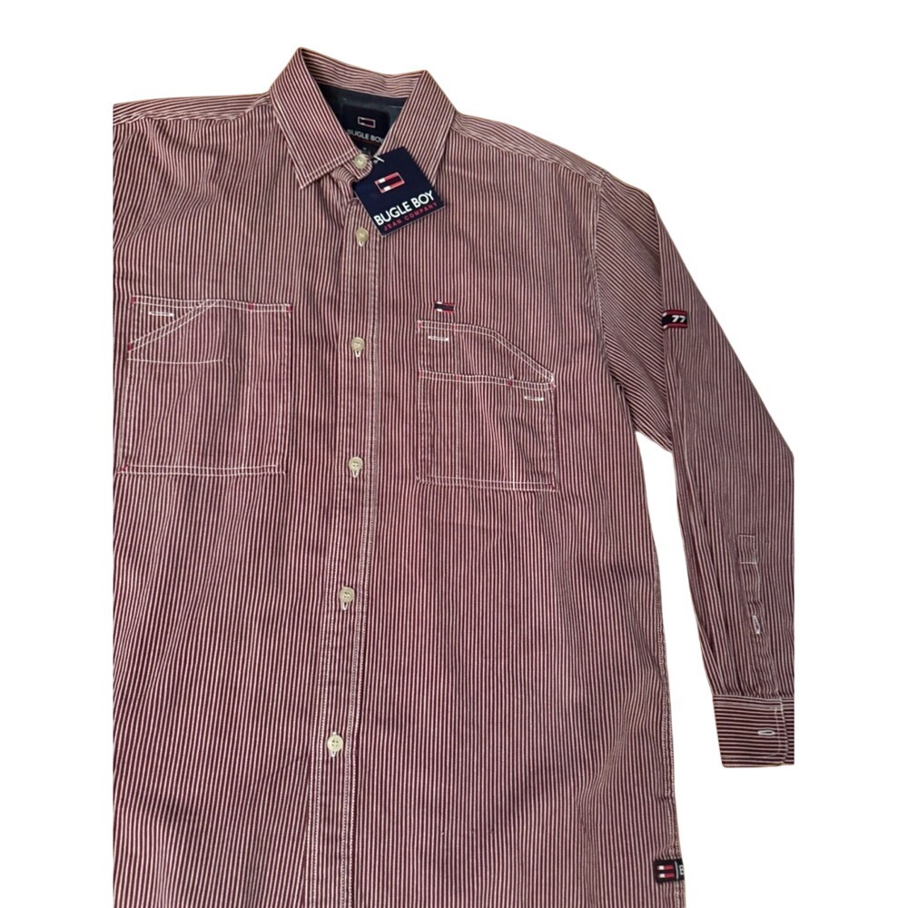 Bugle Boy Vintage Mens Button Down Yarndye Stripe Shirt Long Sleeve Red Sz M